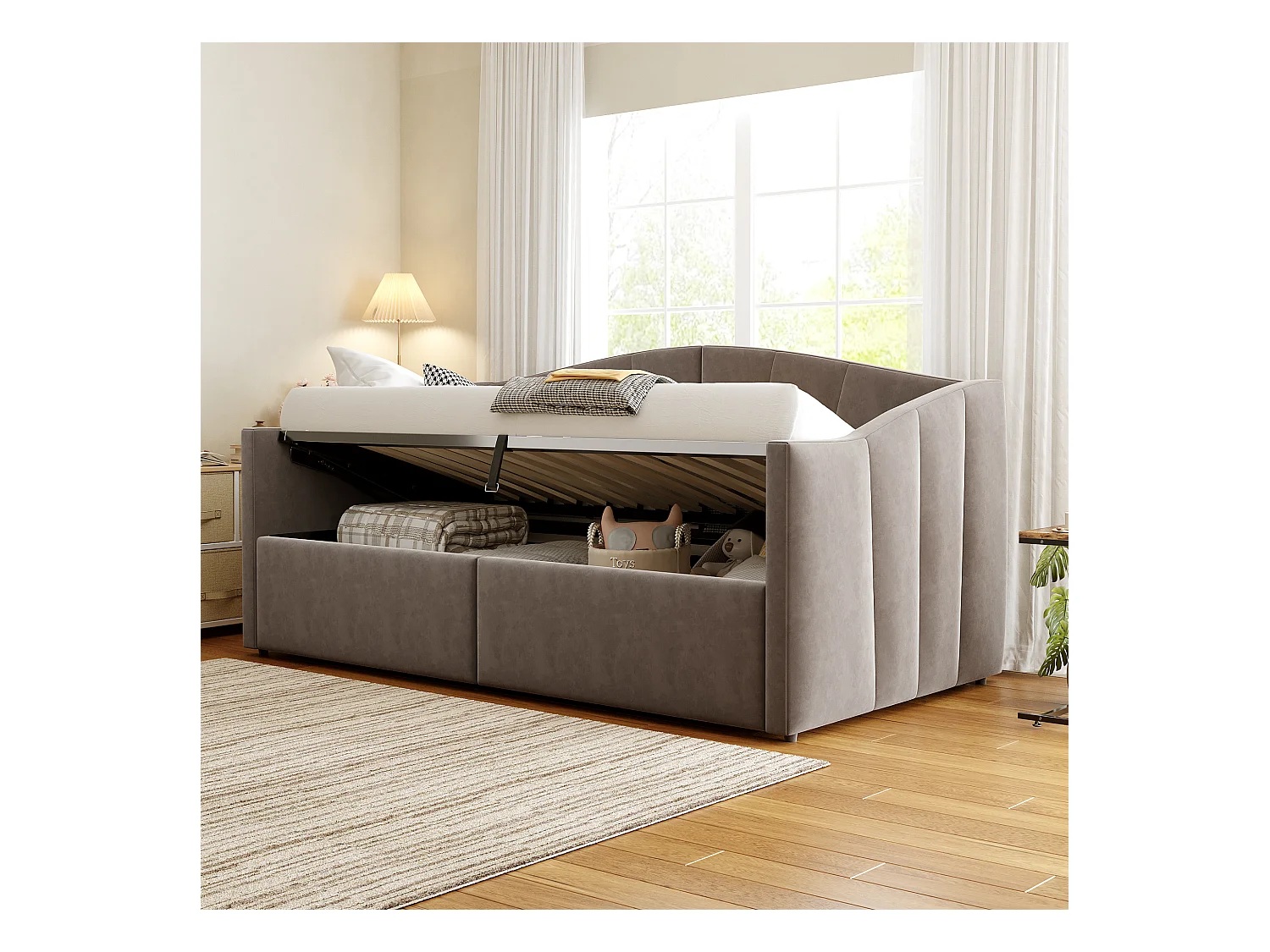 Lit/Sofabett 90×200 cm, avec rangement hydraulique, en velours gris, avec accoudoirs et lattes