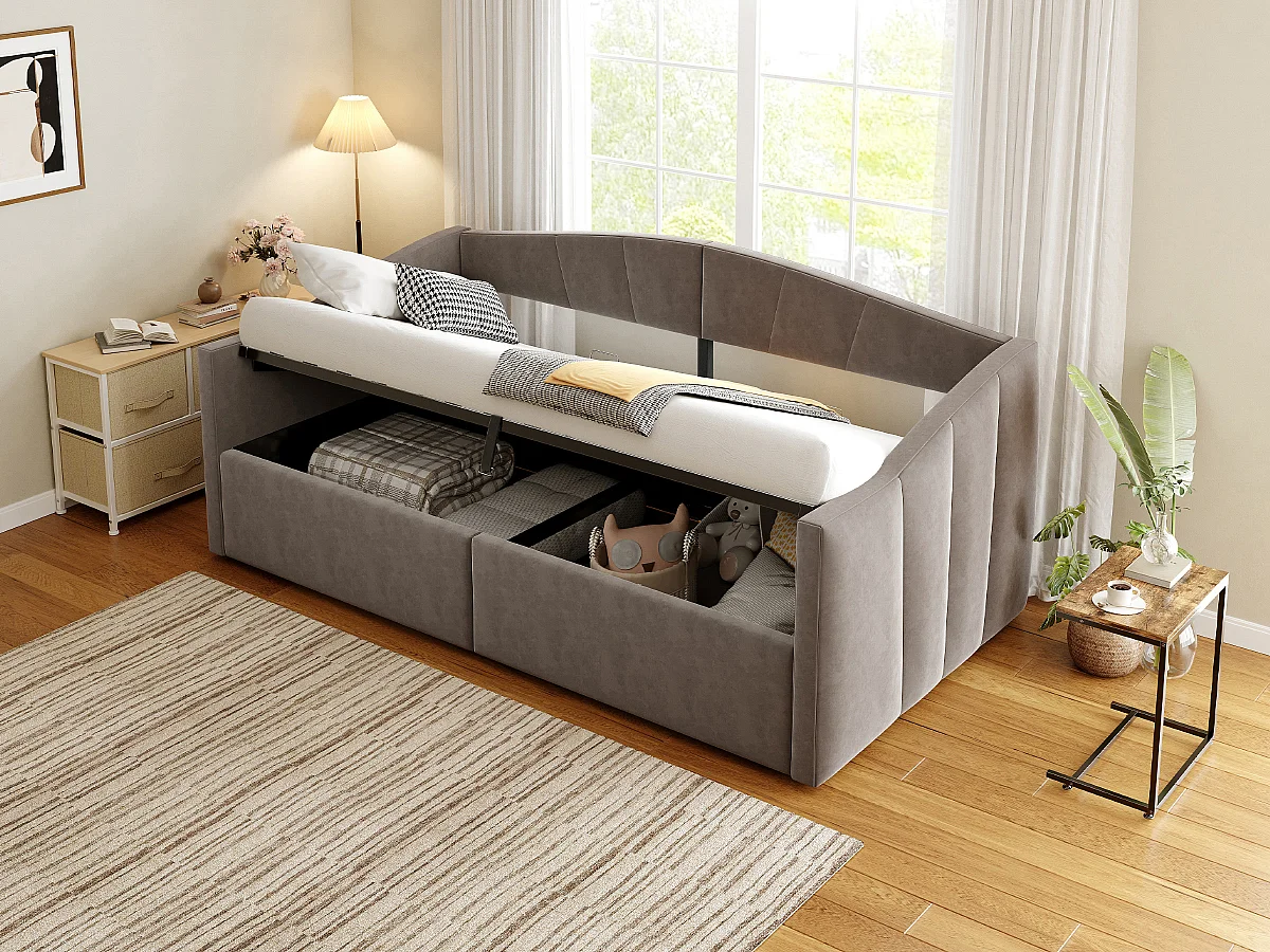 Lit/Sofabett 90×200 cm, avec rangement hydraulique, en velours gris, avec accoudoirs et lattes