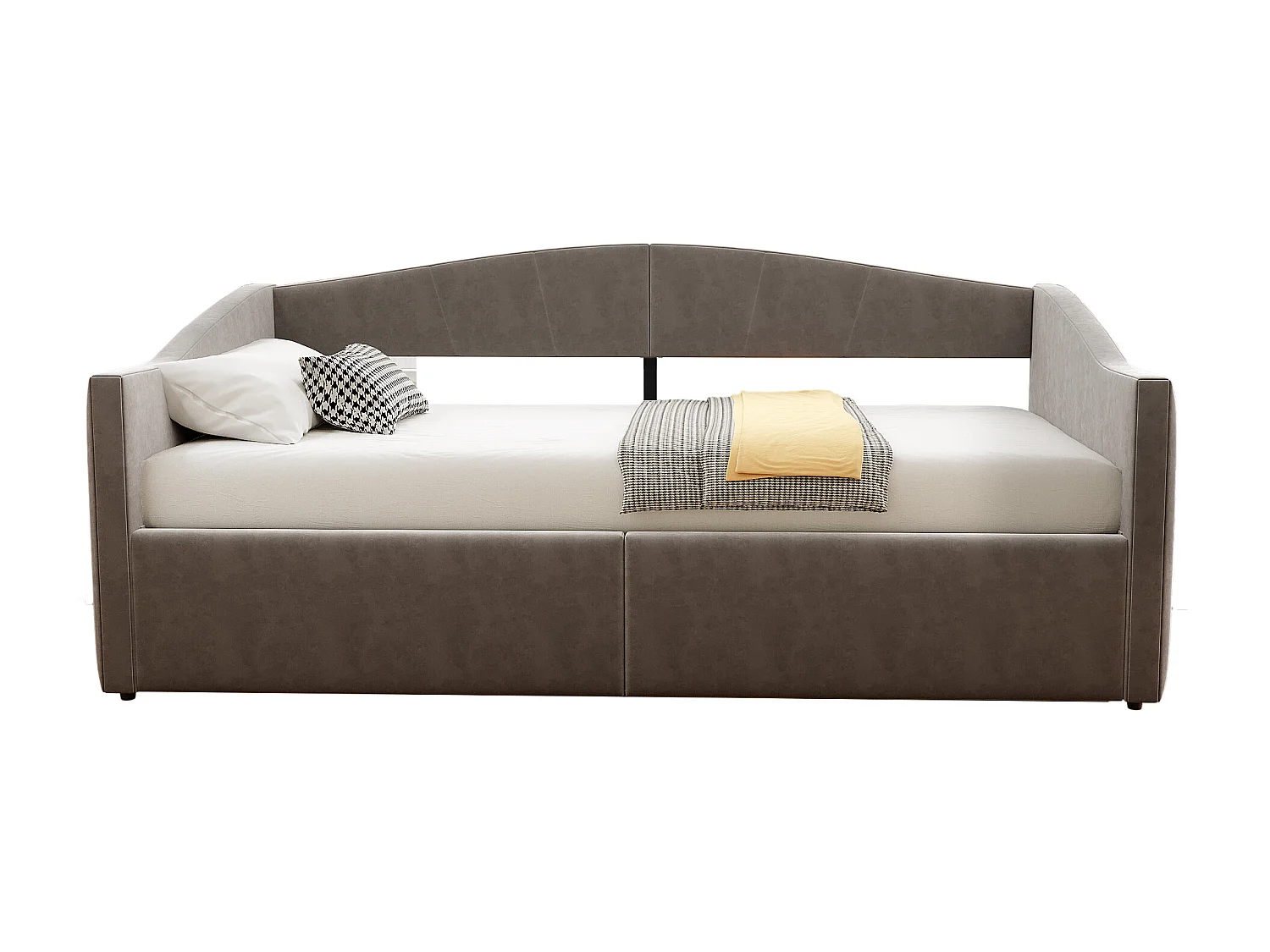 Lit/Sofabett 90×200 cm, avec rangement hydraulique, en velours gris, avec accoudoirs et lattes
