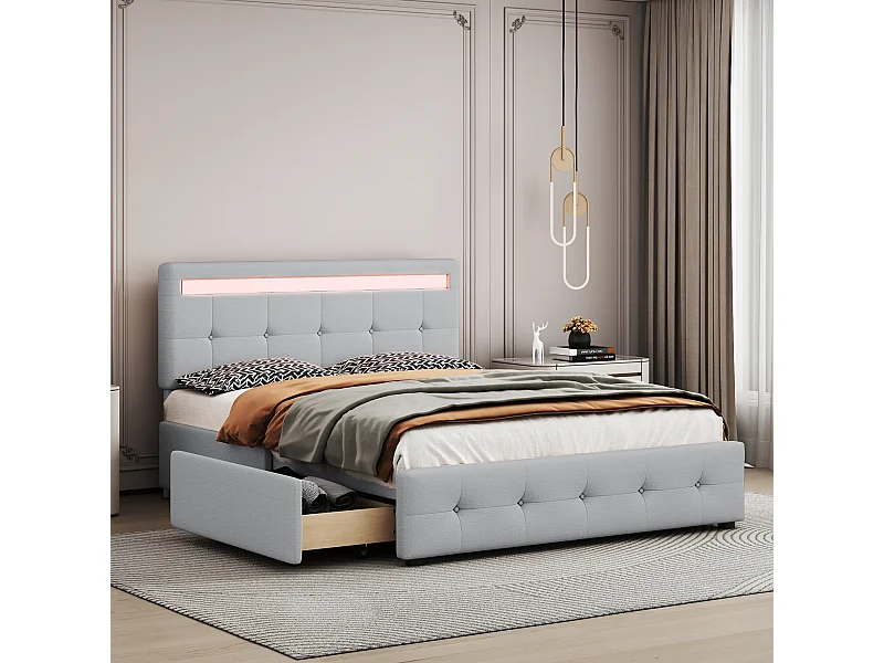 Lit rembourré 140x200 cm LED, sommier et tiroirs roulants, tête incluse, velours lin gris, lit enfant