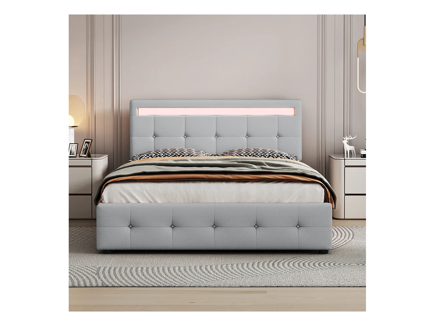 Lit rembourré 140x200 cm LED, sommier et tiroirs roulants, tête incluse, velours lin gris, lit enfant