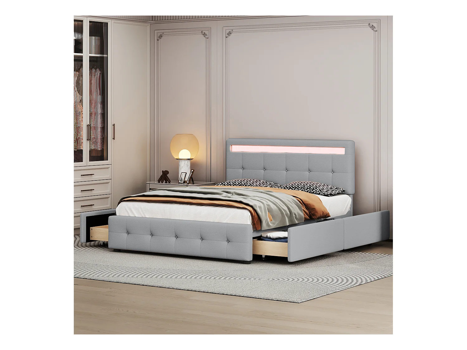 Lit rembourré 140x200 cm LED, sommier et tiroirs roulants, tête incluse, velours lin gris, lit enfant