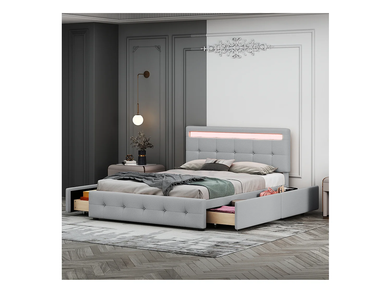 Lit rembourré 140x200 cm LED, sommier et tiroirs roulants, tête incluse, velours lin gris, lit enfant