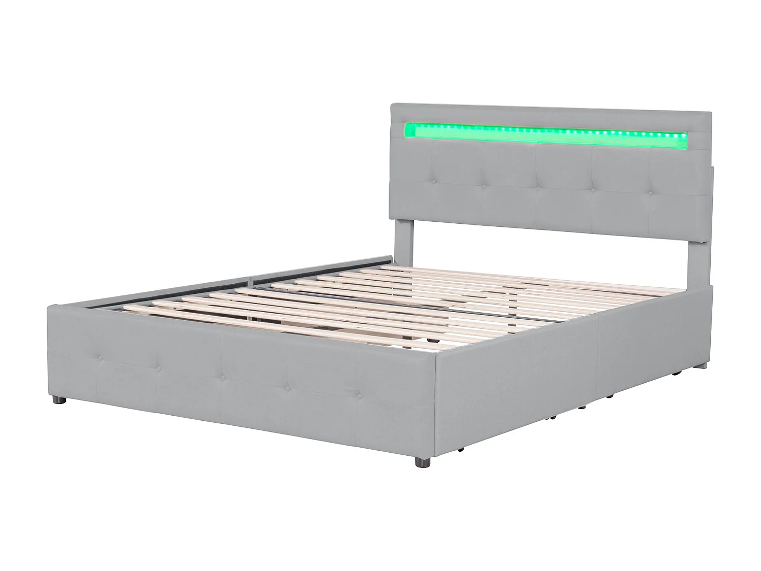 Lit rembourré 140x200 cm LED, sommier et tiroirs roulants, tête incluse, velours lin gris, lit enfant