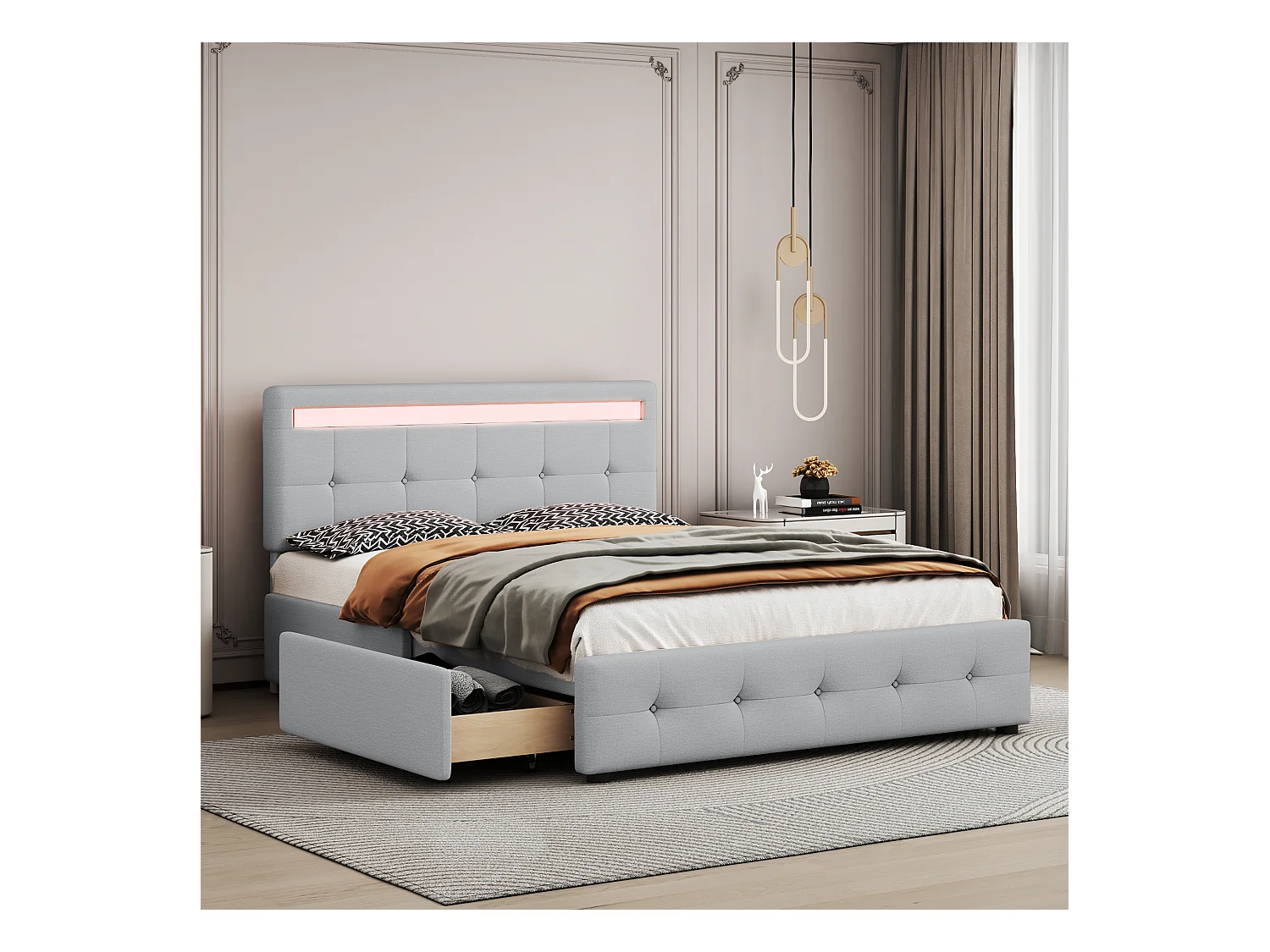 Lit rembourré 140x200 cm LED, sommier et tiroirs roulants, tête incluse, velours lin gris, lit enfant