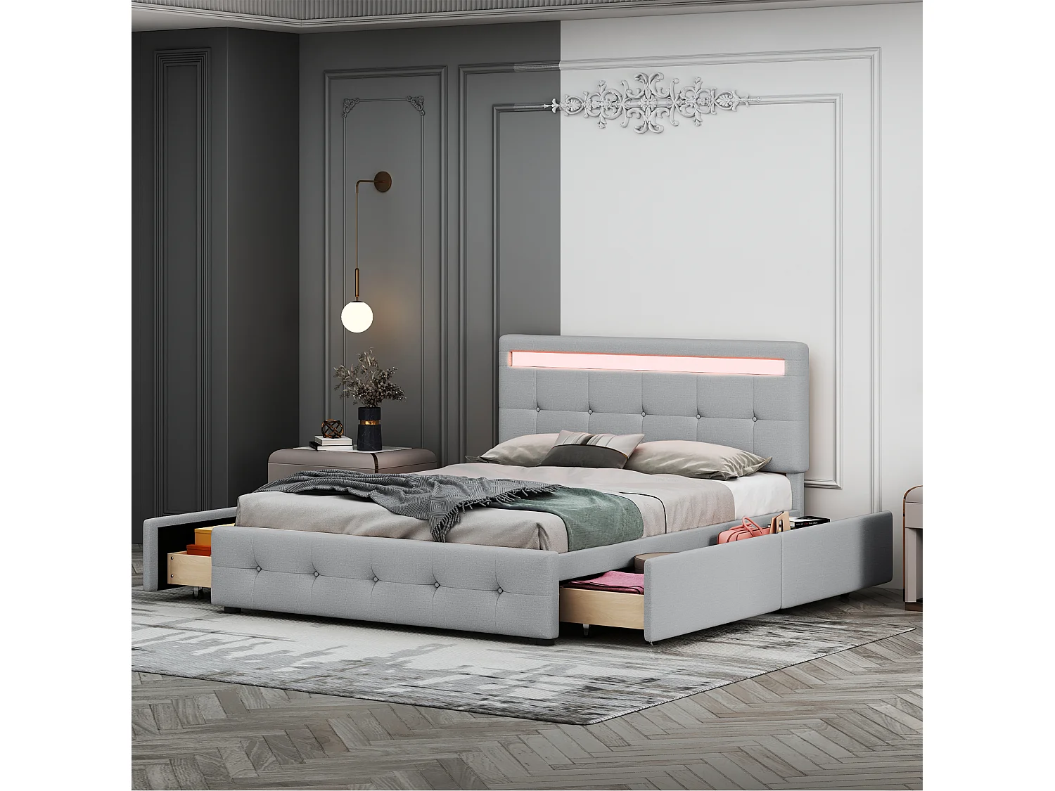 Lit rembourré 140x200 cm LED, sommier et tiroirs roulants, tête incluse, velours lin gris, lit enfant