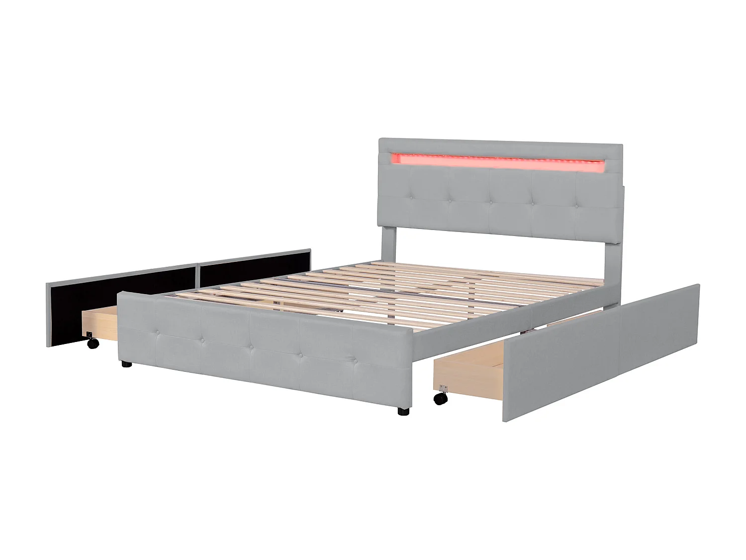 Lit rembourré 140x200 cm LED, sommier et tiroirs roulants, tête incluse, velours lin gris, lit enfant