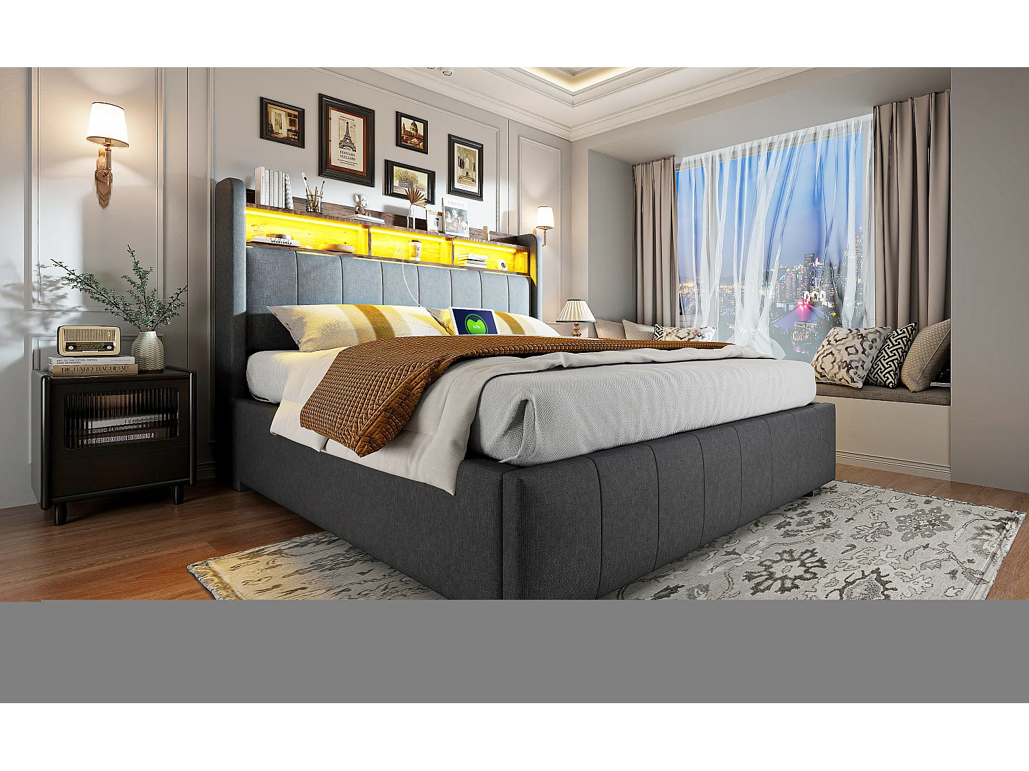 Lit rembourré 160×200 cm avec éclairage LED et prise USB, tête de lit avec étagères et rangement, système hydraulique