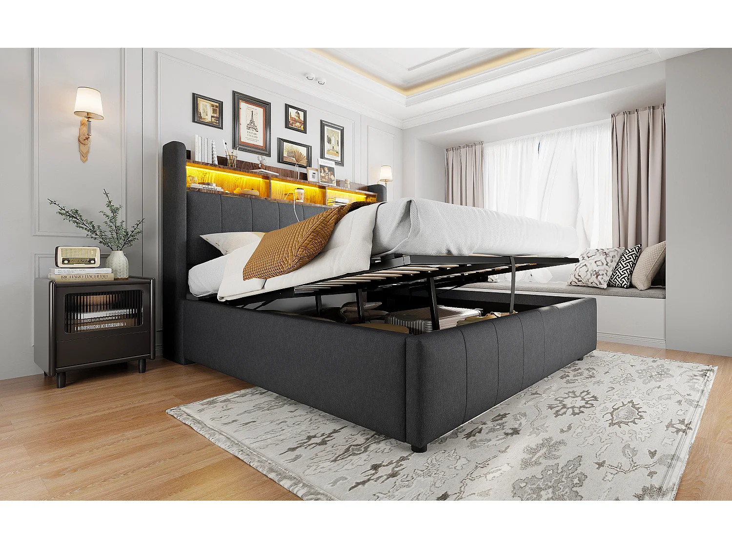 Lit rembourré 160×200 cm avec éclairage LED et prise USB, tête de lit avec étagères et rangement, système hydraulique