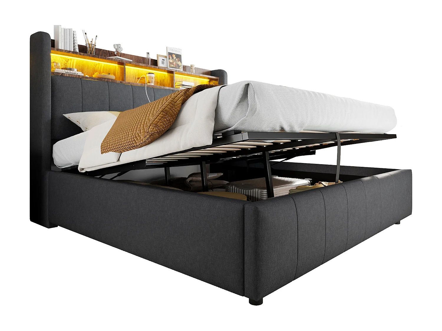 Lit rembourré 160×200 cm avec éclairage LED et prise USB, tête de lit avec étagères et rangement, système hydraulique