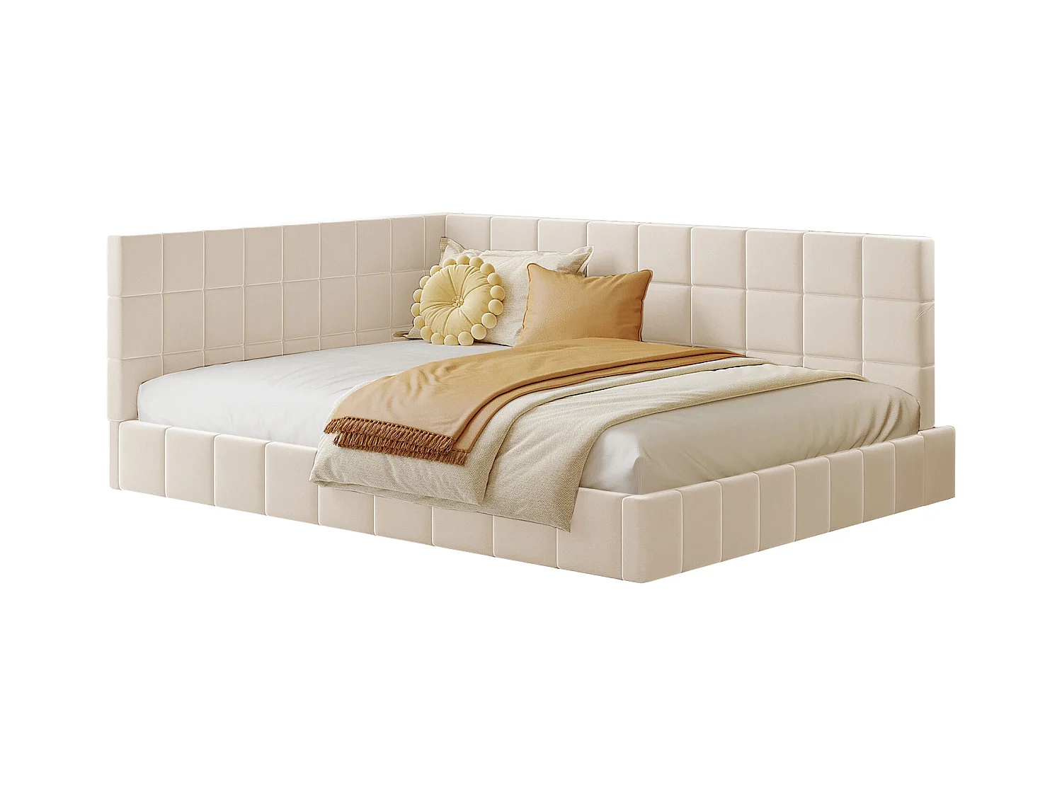 Lit multifonction 140×200 cm en velours beige avec échelle et barrières de sécurité