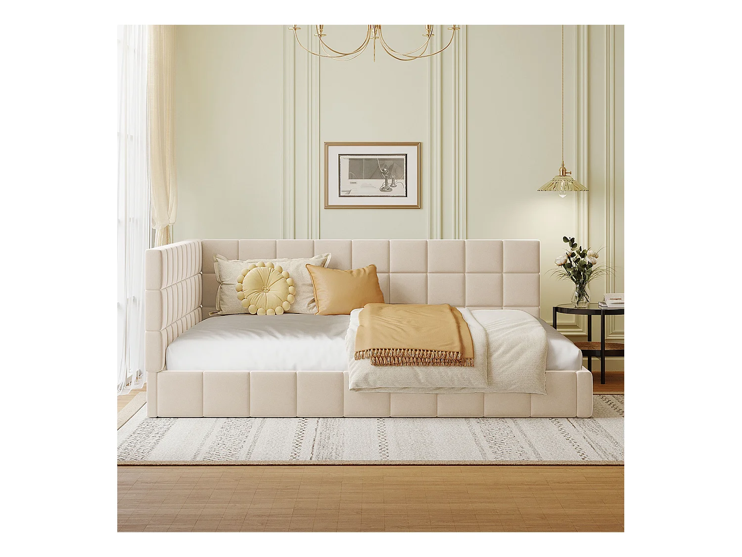 Lit multifonction 140×200 cm en velours beige avec échelle et barrières de sécurité