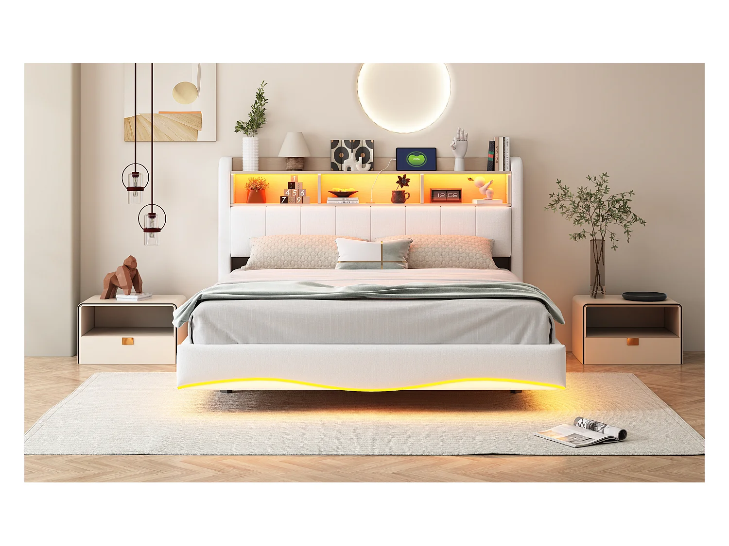 Lit suspendu en lin 160×200 cm, avec éclairage LED, ports USB et Type-C, beige, design moderne et fonctionnel