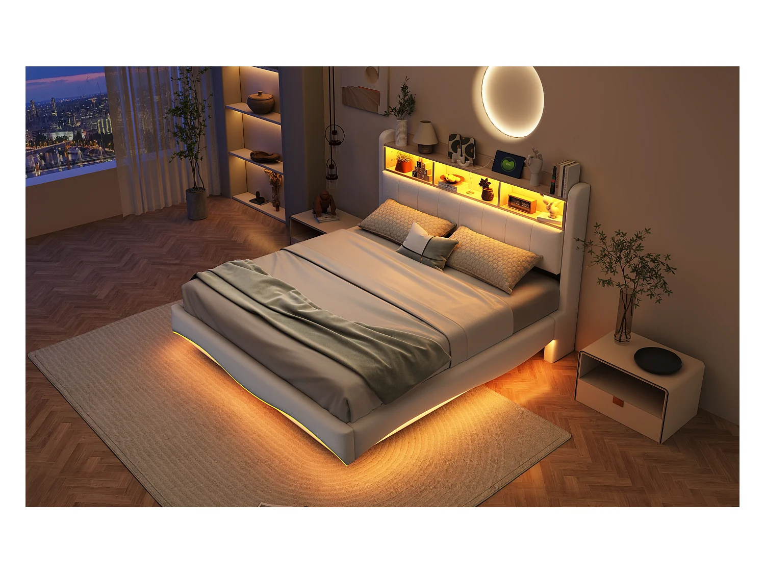 Lit suspendu en lin 160×200 cm, avec éclairage LED, ports USB et Type-C, beige, design moderne et fonctionnel