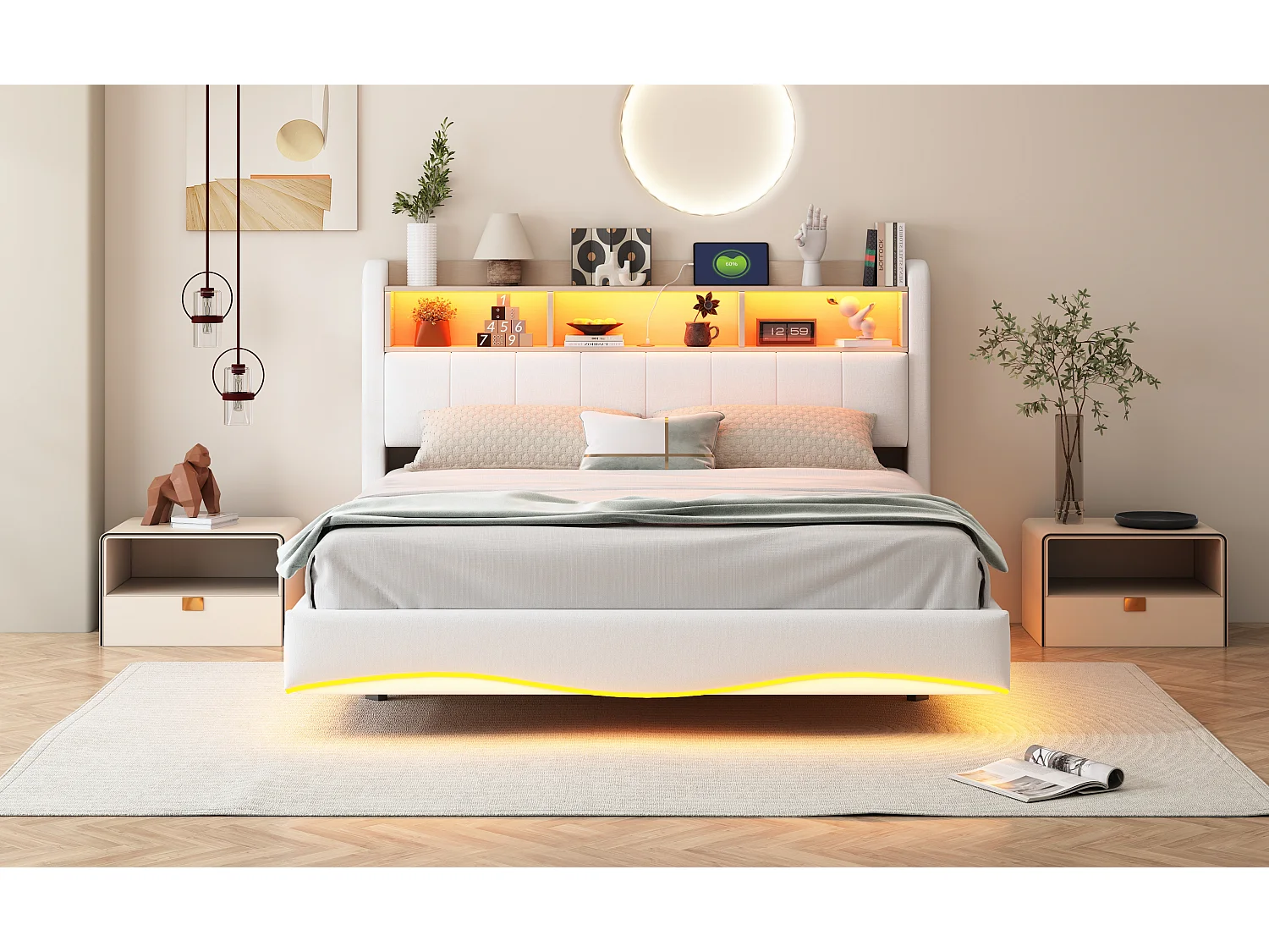 Lit suspendu en lin 160×200 cm, avec éclairage LED, ports USB et Type-C, beige, design moderne et fonctionnel