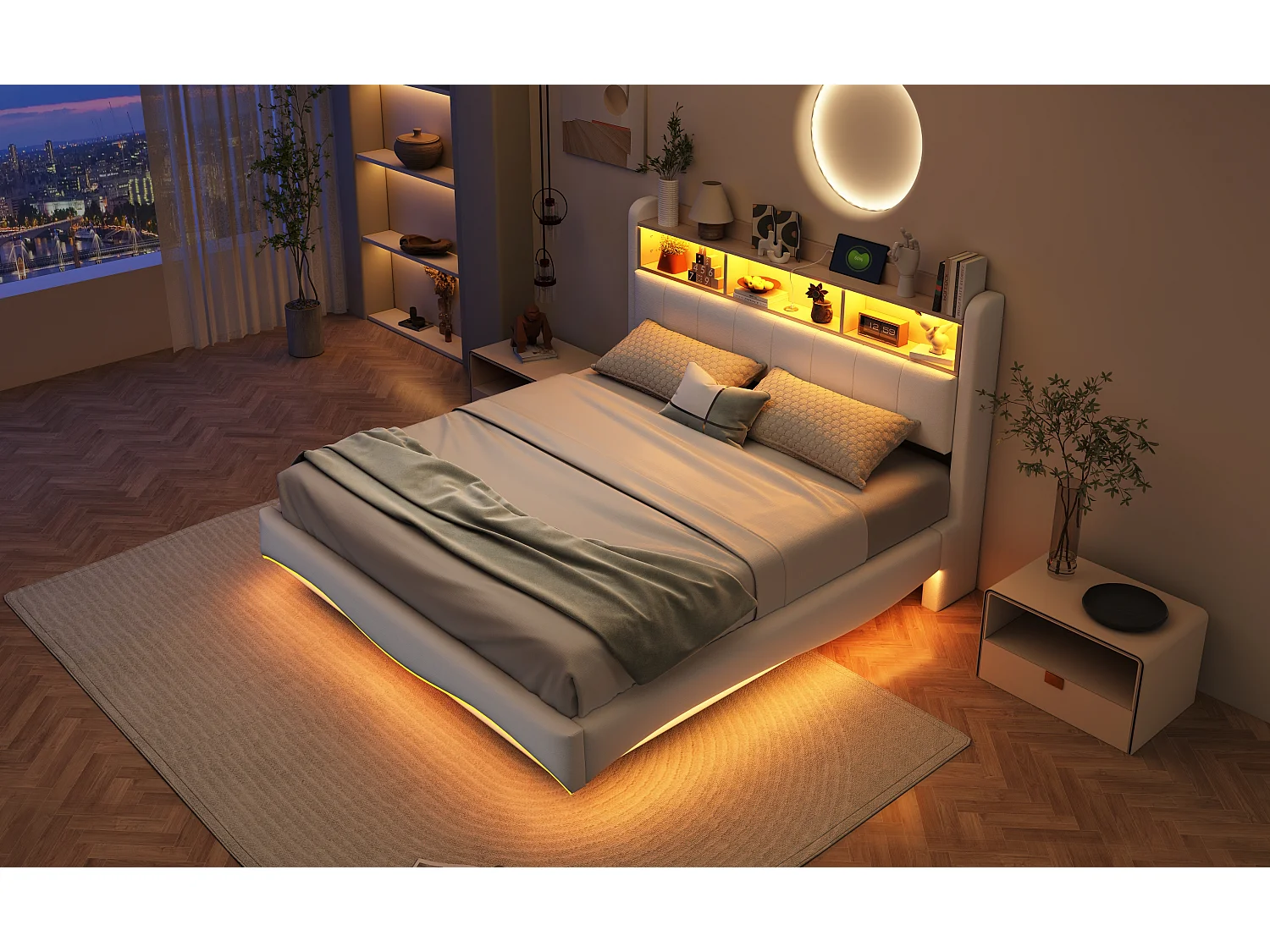 Lit suspendu en lin 160×200 cm, avec éclairage LED, ports USB et Type-C, beige, design moderne et fonctionnel