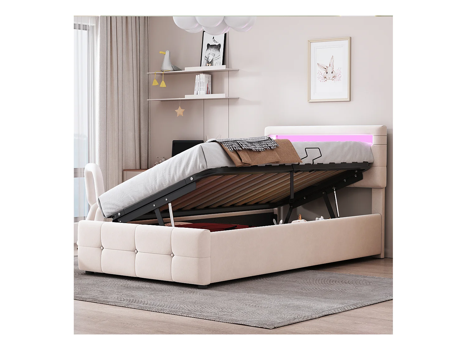 Lit enfant 90x200 cm avec éclairage LED, lit de rangement hydraulique, tête de lit réglable, velours beige