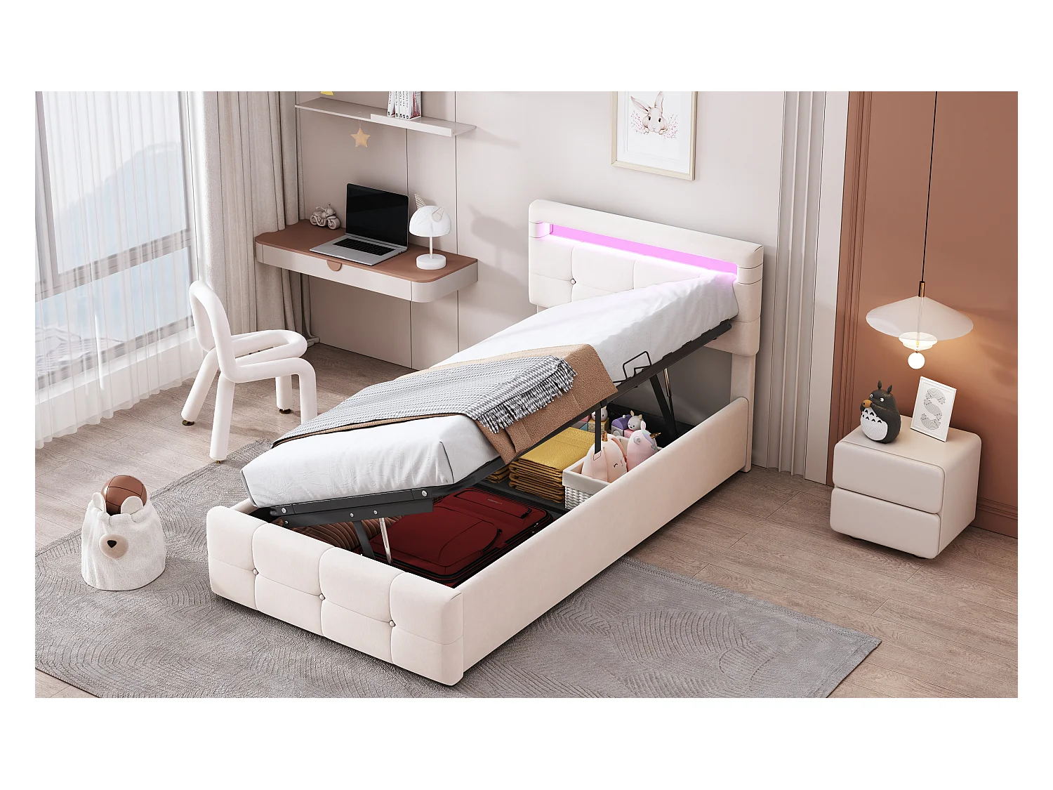 Lit enfant 90x200 cm avec éclairage LED, lit de rangement hydraulique, tête de lit réglable, velours beige