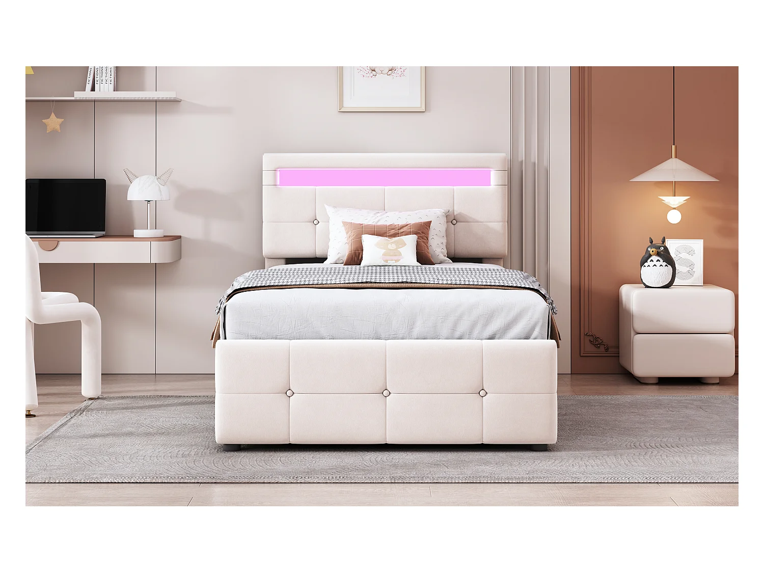 Lit enfant 90x200 cm avec éclairage LED, lit de rangement hydraulique, tête de lit réglable, velours beige