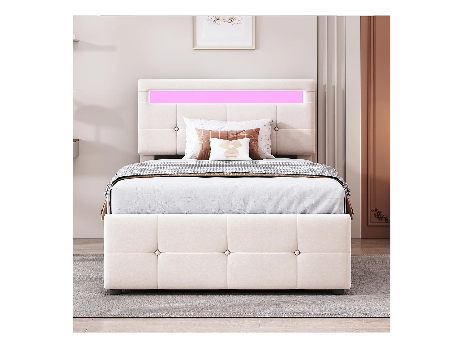 Lit enfant 90x200 cm avec éclairage LED, lit de rangement hydraulique, tête de lit réglable, velours beige
