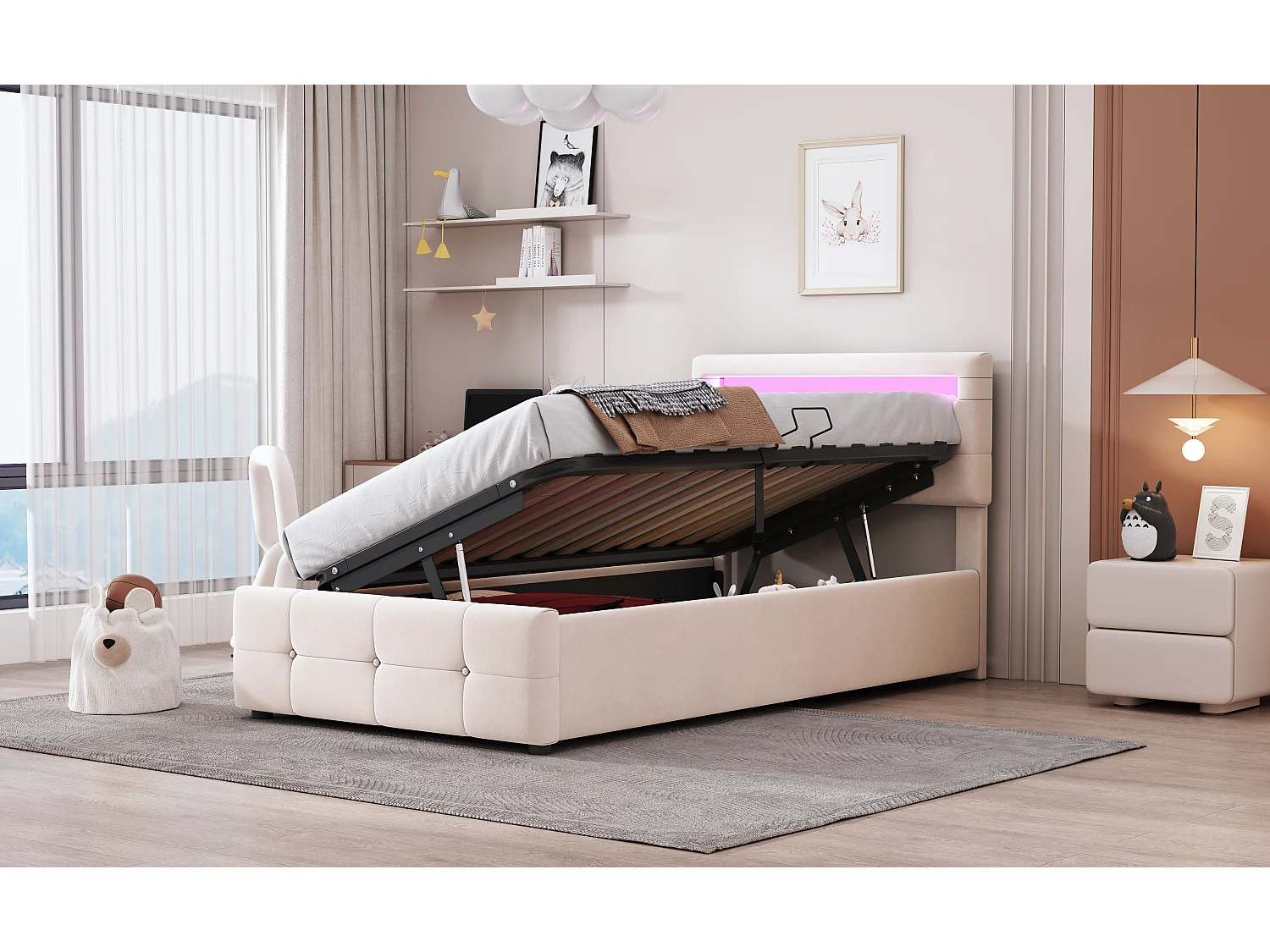Lit enfant 90x200 cm avec éclairage LED, lit de rangement hydraulique, tête de lit réglable, velours beige