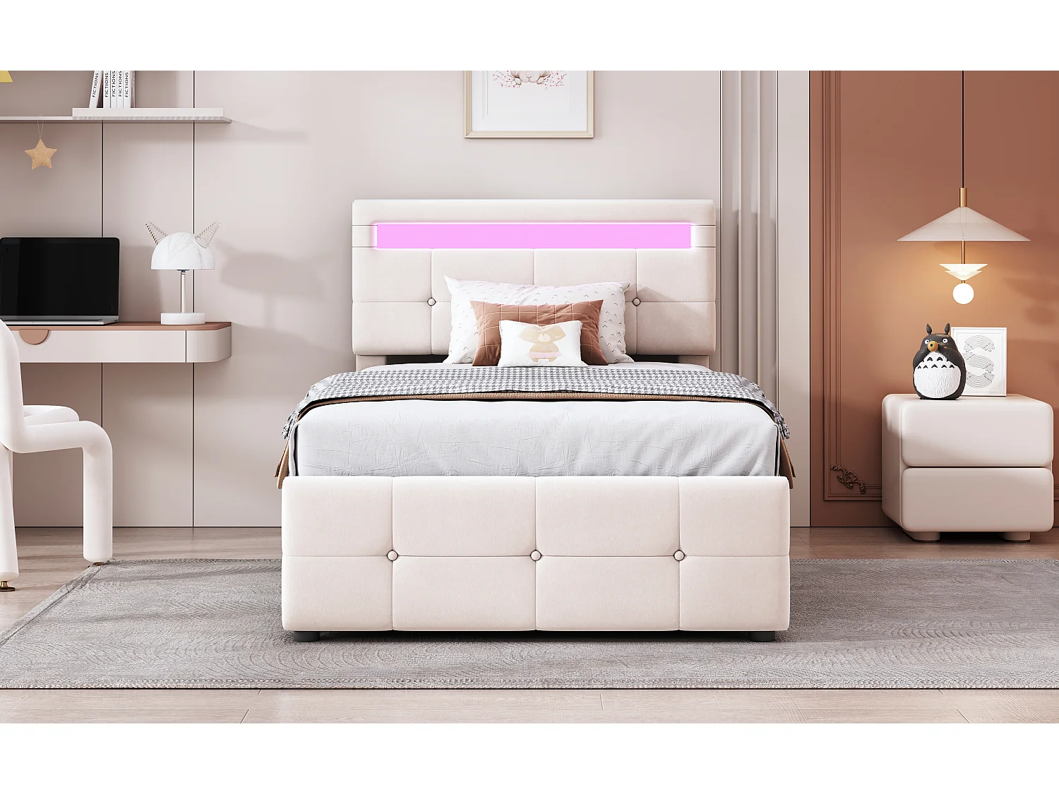 Lit enfant 90x200 cm avec éclairage LED, lit de rangement hydraulique, tête de lit réglable, velours beige