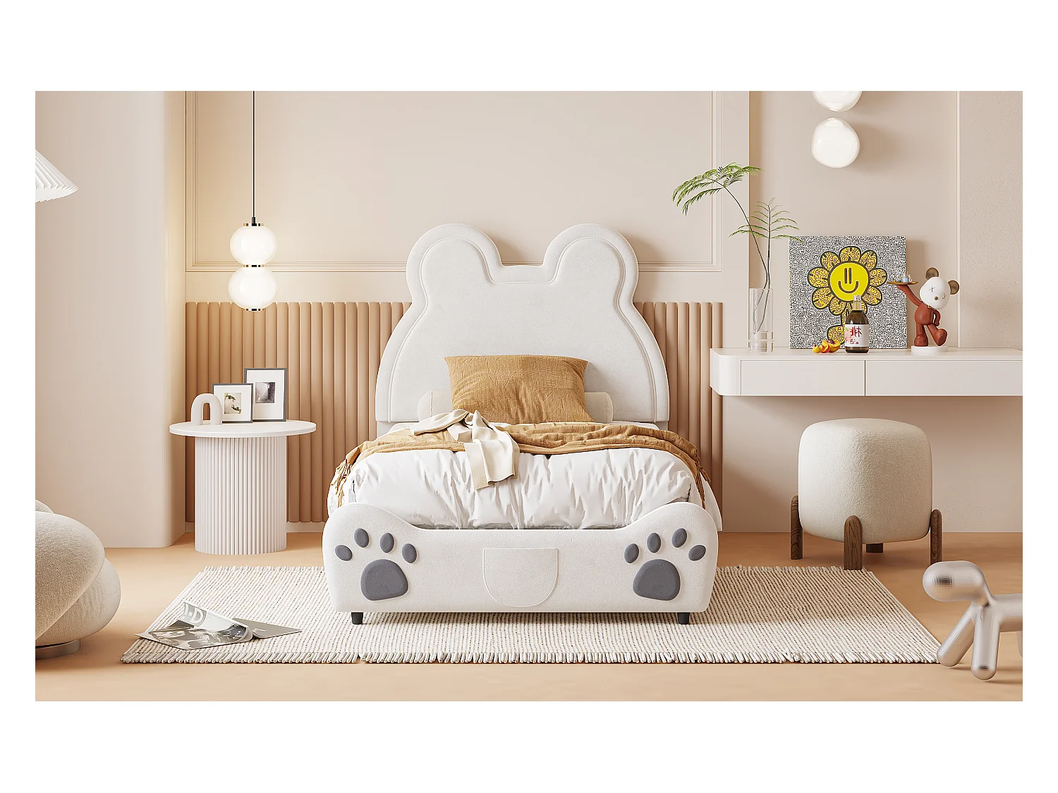 Lit enfant rembourré 90x200 cm, lit ours, velours blanc, lit simple