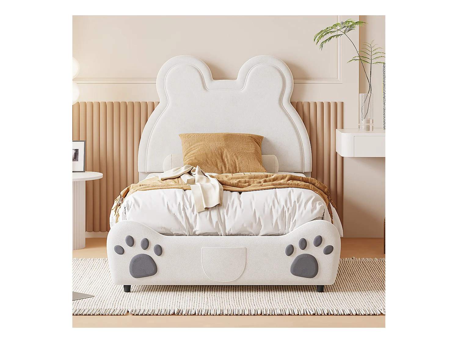 Lit enfant rembourré 90x200 cm, lit ours, velours blanc, lit simple