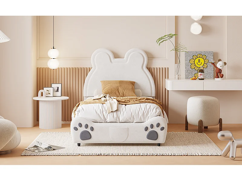 Lit enfant rembourré 90x200 cm, lit ours, velours blanc, lit simple