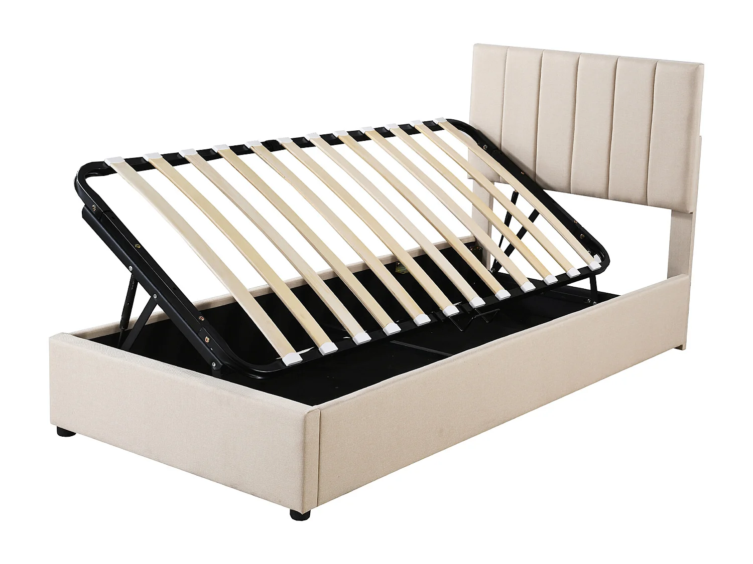 Lit enfant rembourré 90x200 cm avec coffre hydraulique, sommier inclus, velours lin beige, lit multifonction