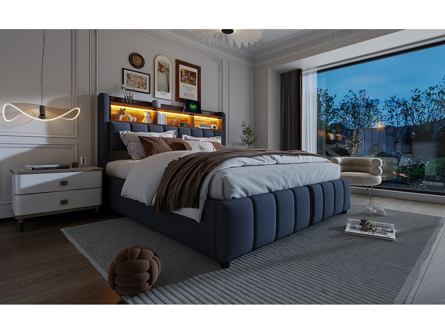 Lit rembourré 180×200 cm avec éclairage LED et prise USB, tête de lit avec rangement et hydraulique