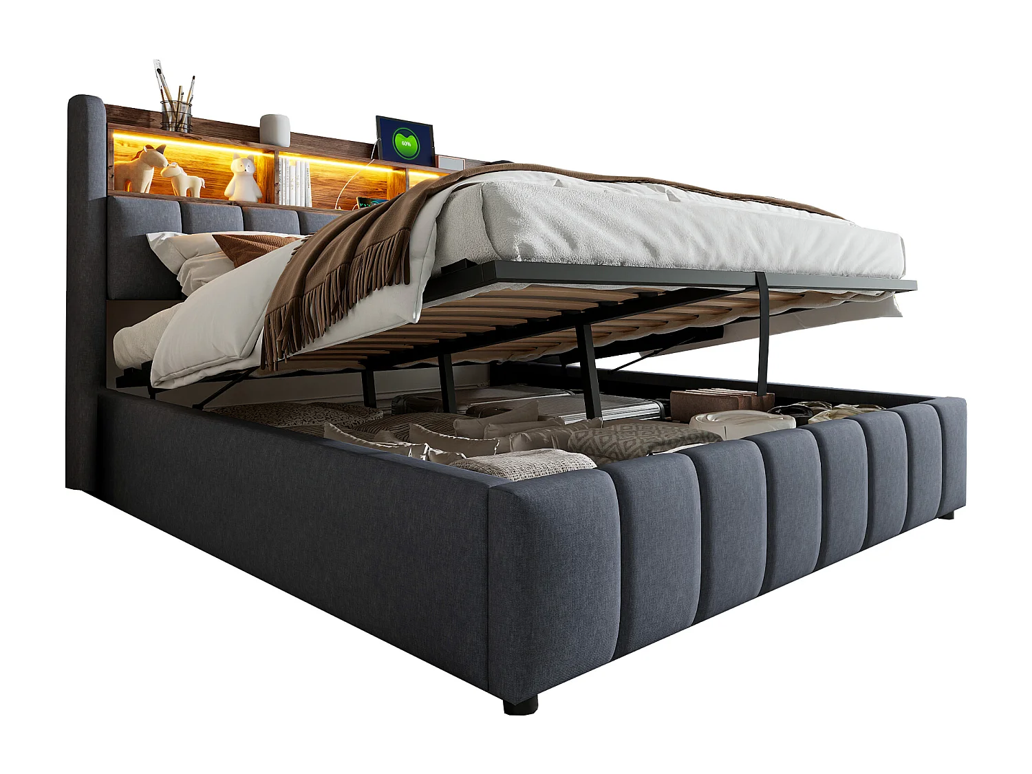 Lit rembourré 180×200 cm avec éclairage LED et prise USB, tête de lit avec rangement et hydraulique