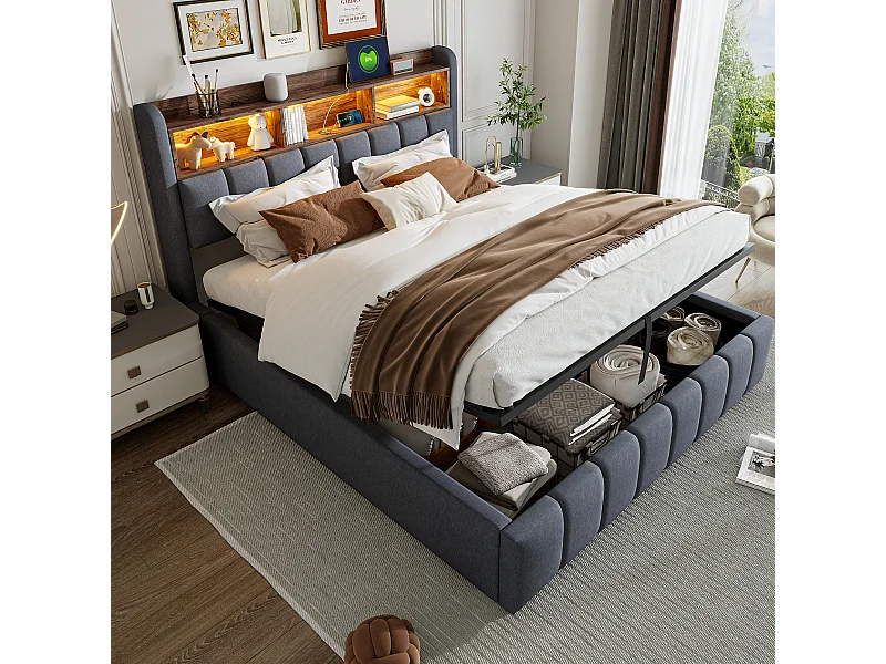 Lit rembourré 180×200 cm avec éclairage LED et prise USB, tête de lit avec rangement et hydraulique