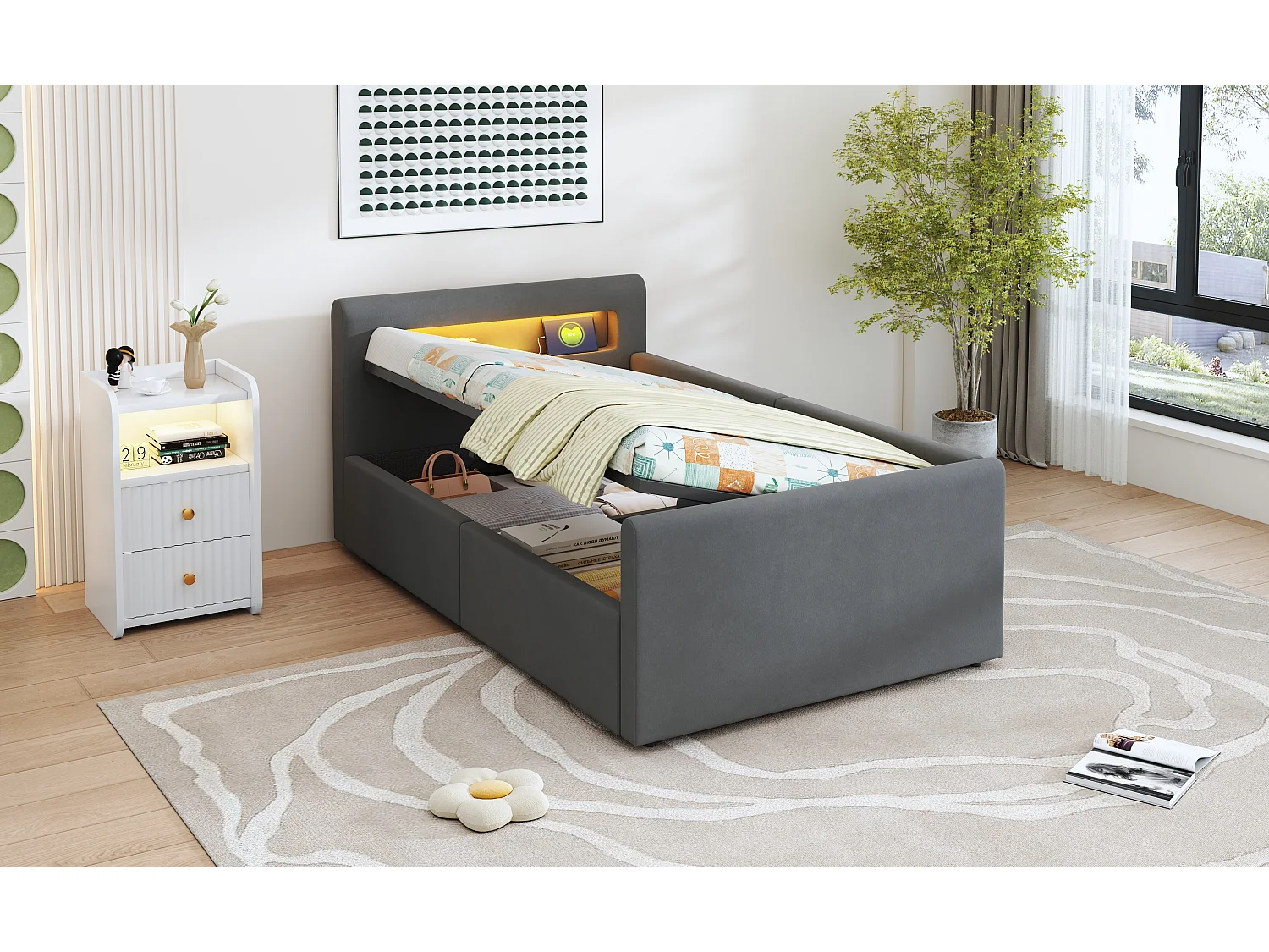 Lit enfant rembourré 90×200 cm, avec éclairage LED, prise USB, rangement hydraulique et tissu en velours gris