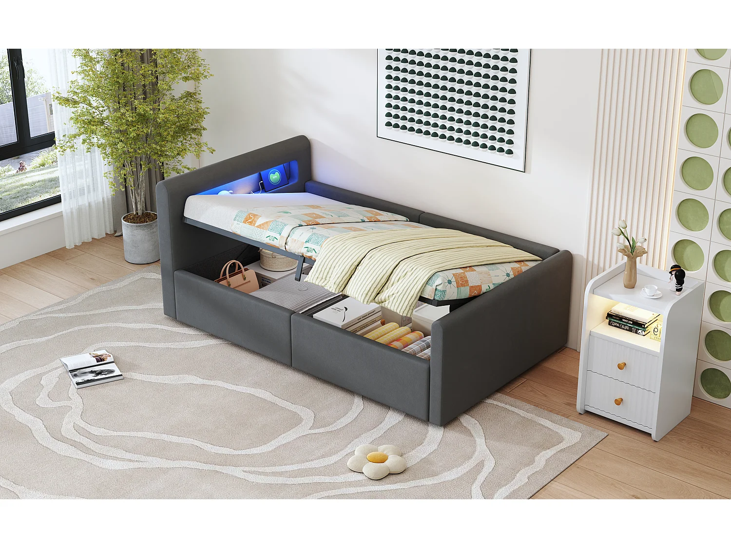 Lit enfant rembourré 90×200 cm, avec éclairage LED, prise USB, rangement hydraulique et tissu en velours gris
