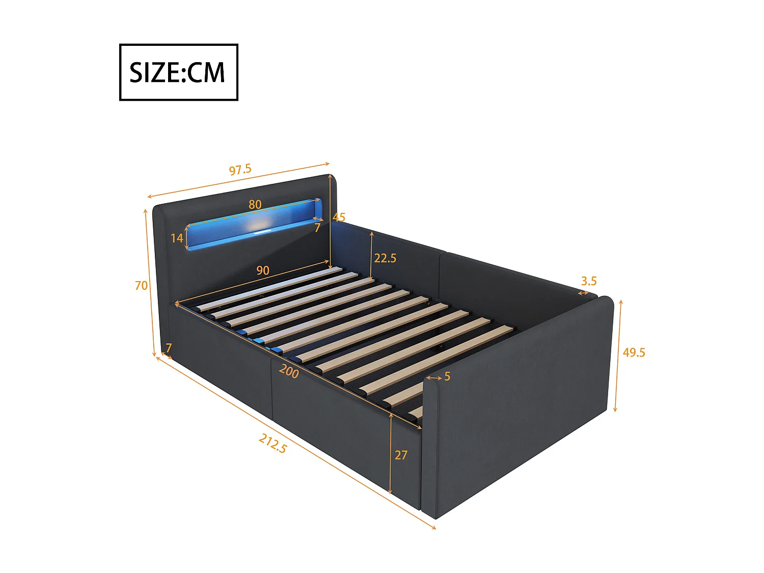 Lit enfant rembourré 90×200 cm, avec éclairage LED, prise USB, rangement hydraulique et tissu en velours gris