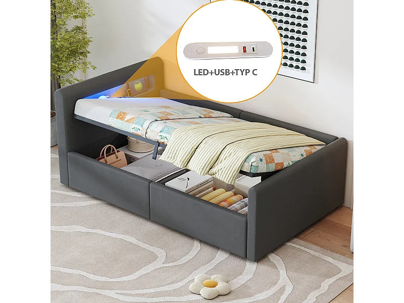 Lit enfant rembourré 90×200 cm, avec éclairage LED, prise USB, rangement hydraulique et tissu en velours gris
