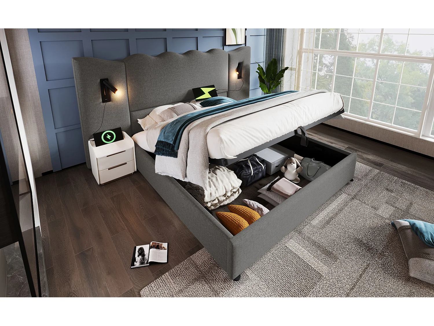 Lit double 160×200 cm avec lampe de lecture pivotante et fonction de charge USB Type-C, lit de rangement en bois massif et métal, gris, lin