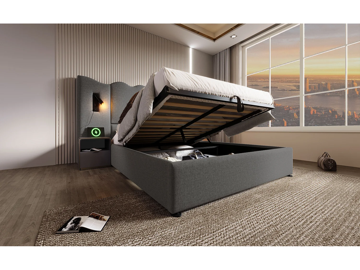 Lit double 160×200 cm avec lampe de lecture pivotante et fonction de charge USB Type-C, lit de rangement en bois massif et métal, gris, lin