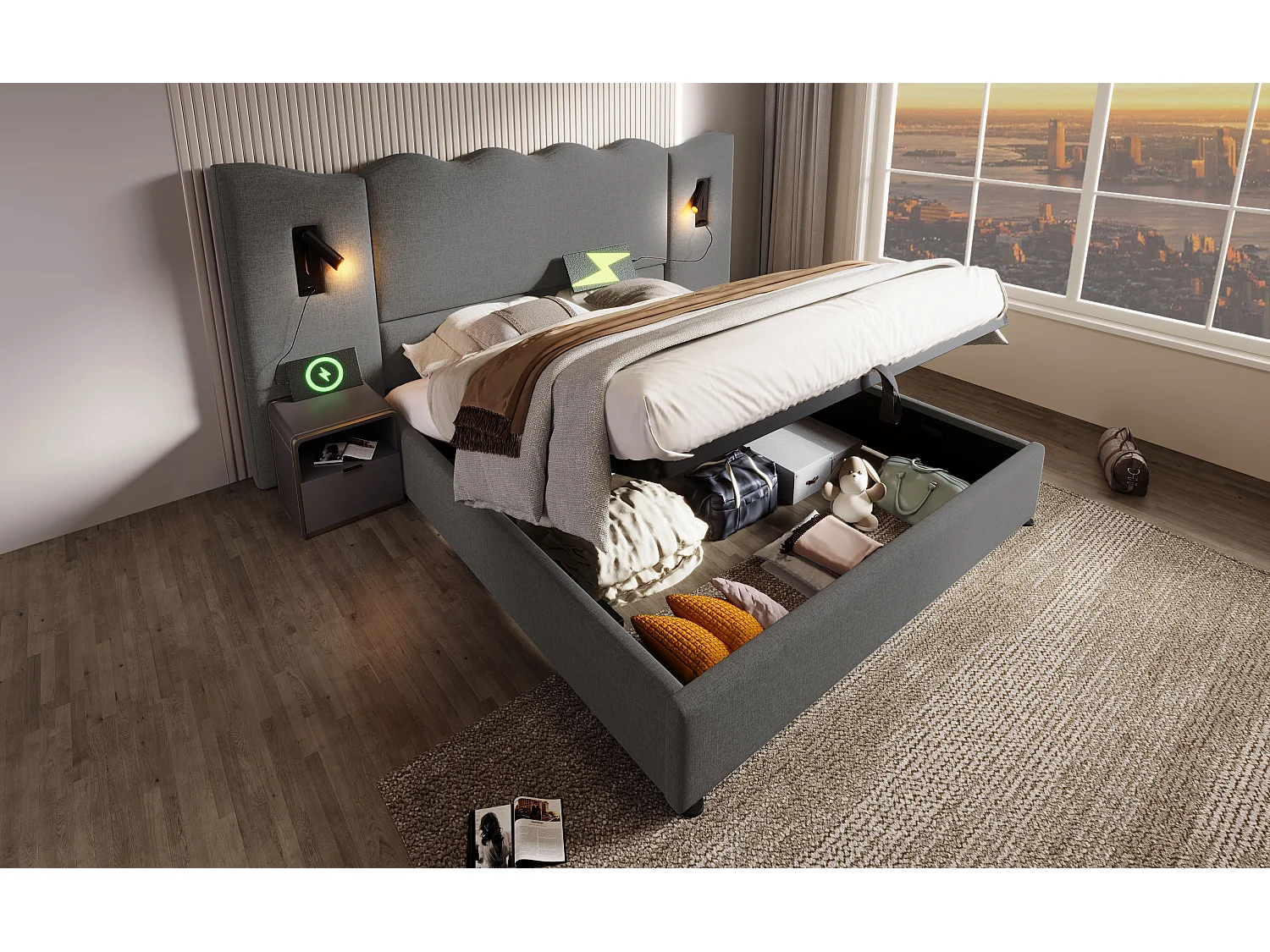 Lit double 160×200 cm avec lampe de lecture pivotante et fonction de charge USB Type-C, lit de rangement en bois massif et métal, gris, lin