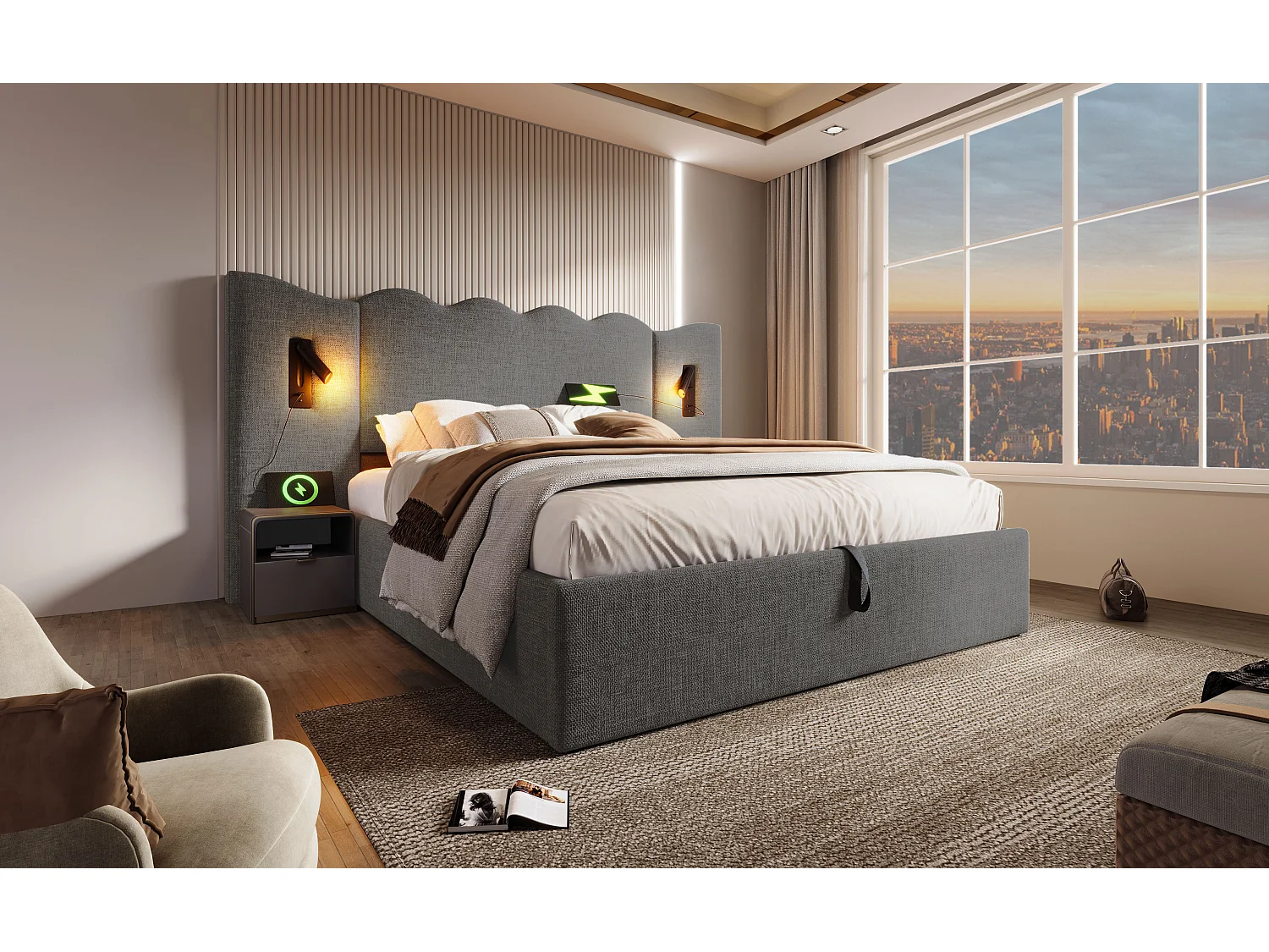 Lit double 160×200 cm avec lampe de lecture pivotante et fonction de charge USB Type-C, lit de rangement en bois massif et métal, gris, lin