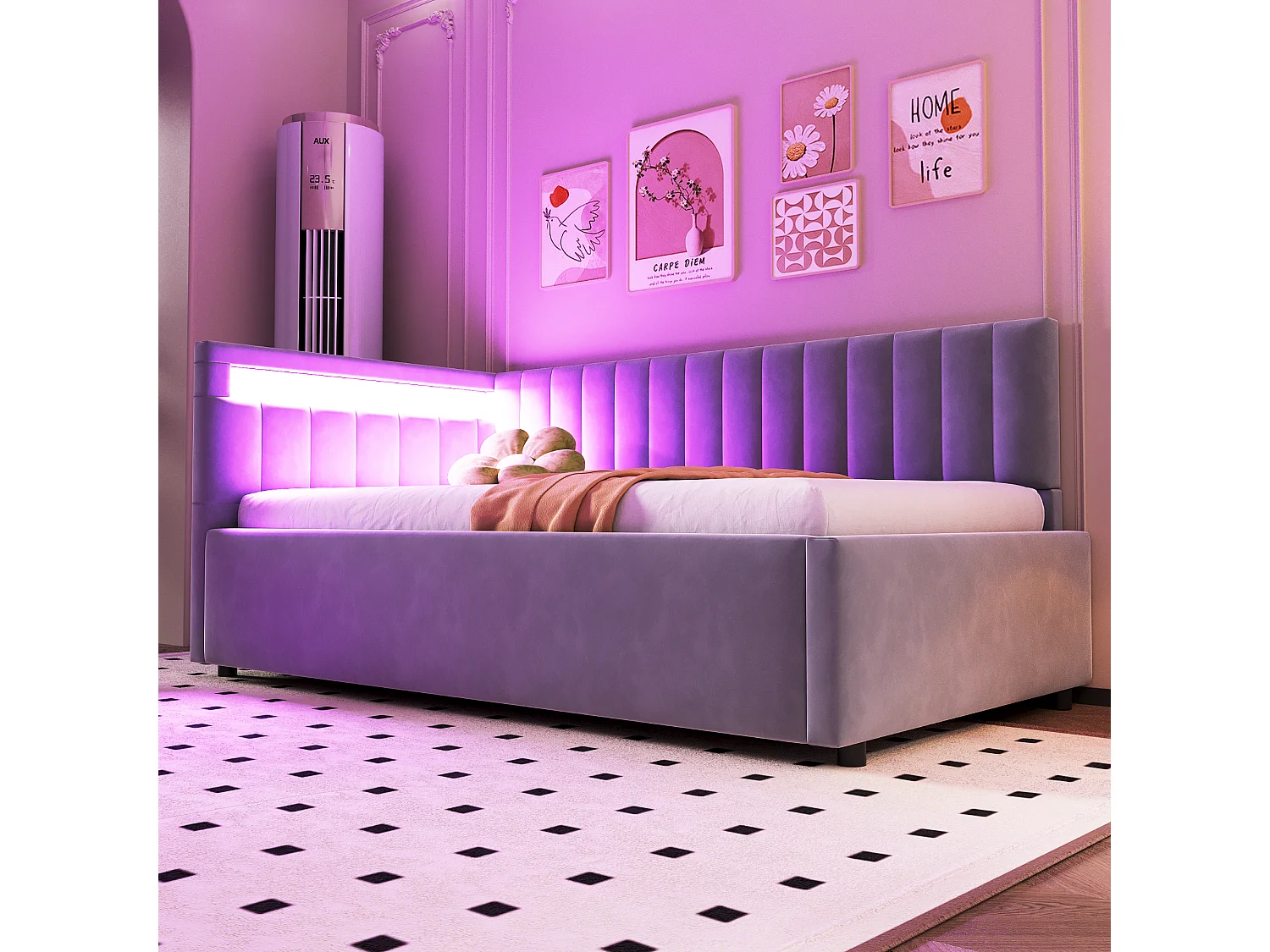 Lit/sofa-lit 90x200 cm, gris, avec éclairage LED et rangement hydraulique, design classique à rayures verticales