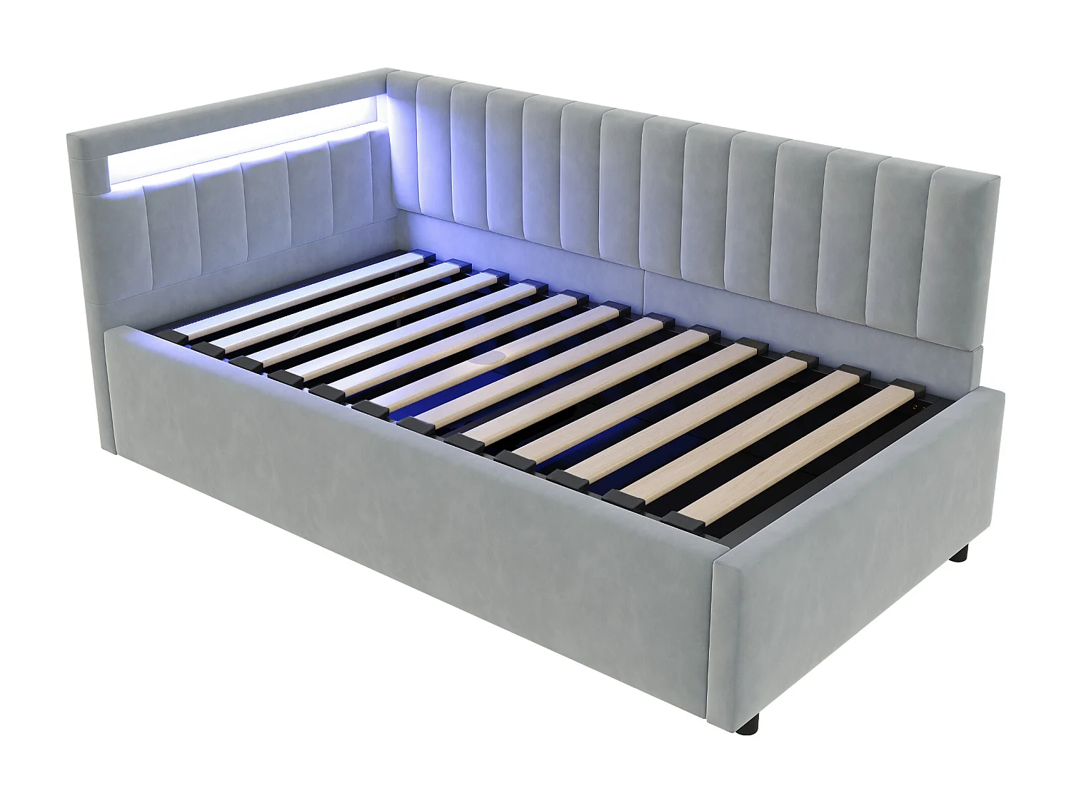 Lit/sofa-lit 90x200 cm, gris, avec éclairage LED et rangement hydraulique, design classique à rayures verticales