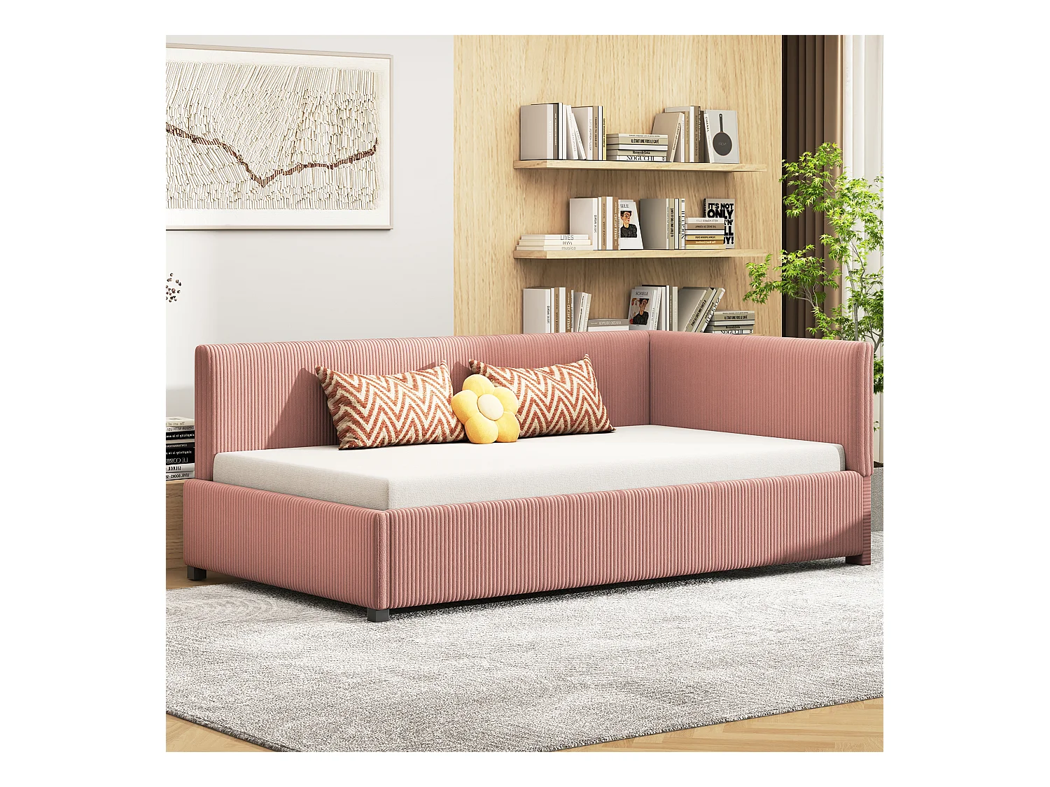 Lit multifonctionnel 90×200 cm en velours rose avec échelle et barrières de sécurité
