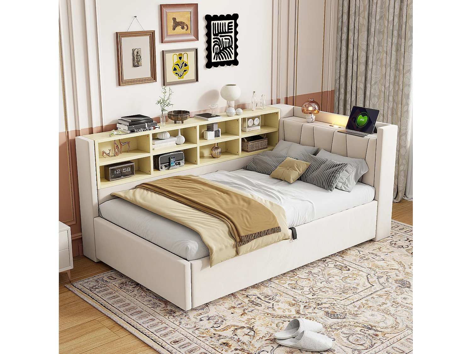 Lit multifonctionnel 90×200 cm, en velours beige, avec rangement hydraulique, éclairage nocturne et ports USB