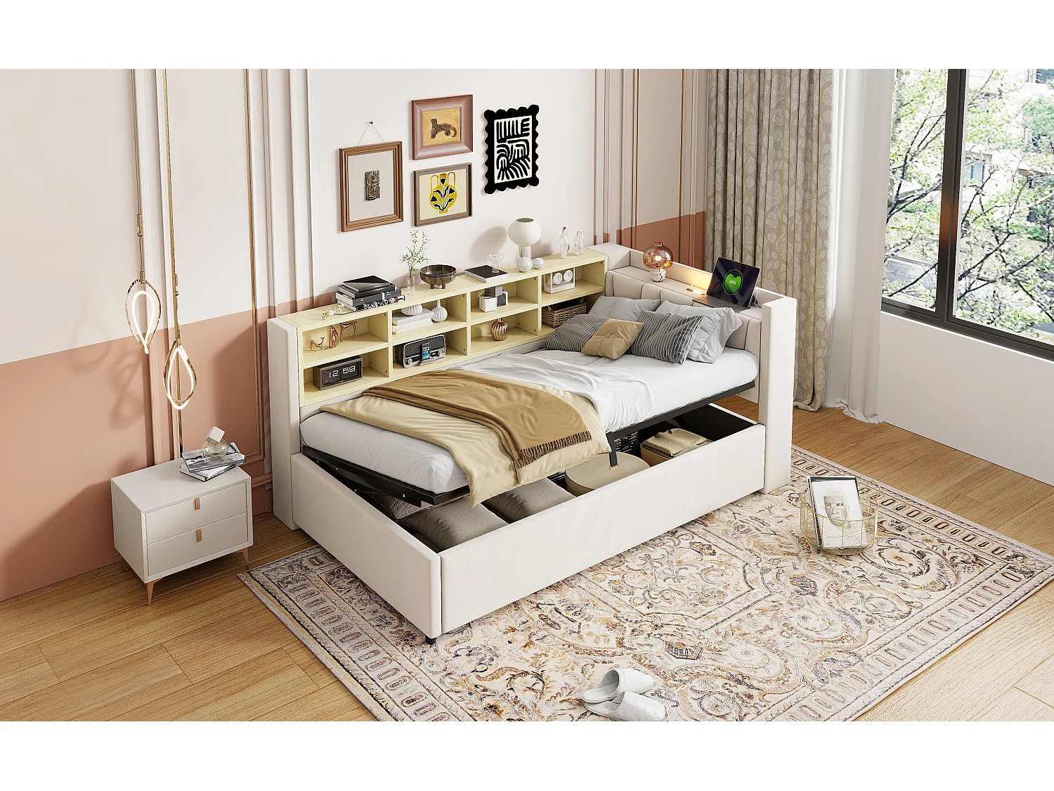 Lit multifonctionnel 90×200 cm, en velours beige, avec rangement hydraulique, éclairage nocturne et ports USB