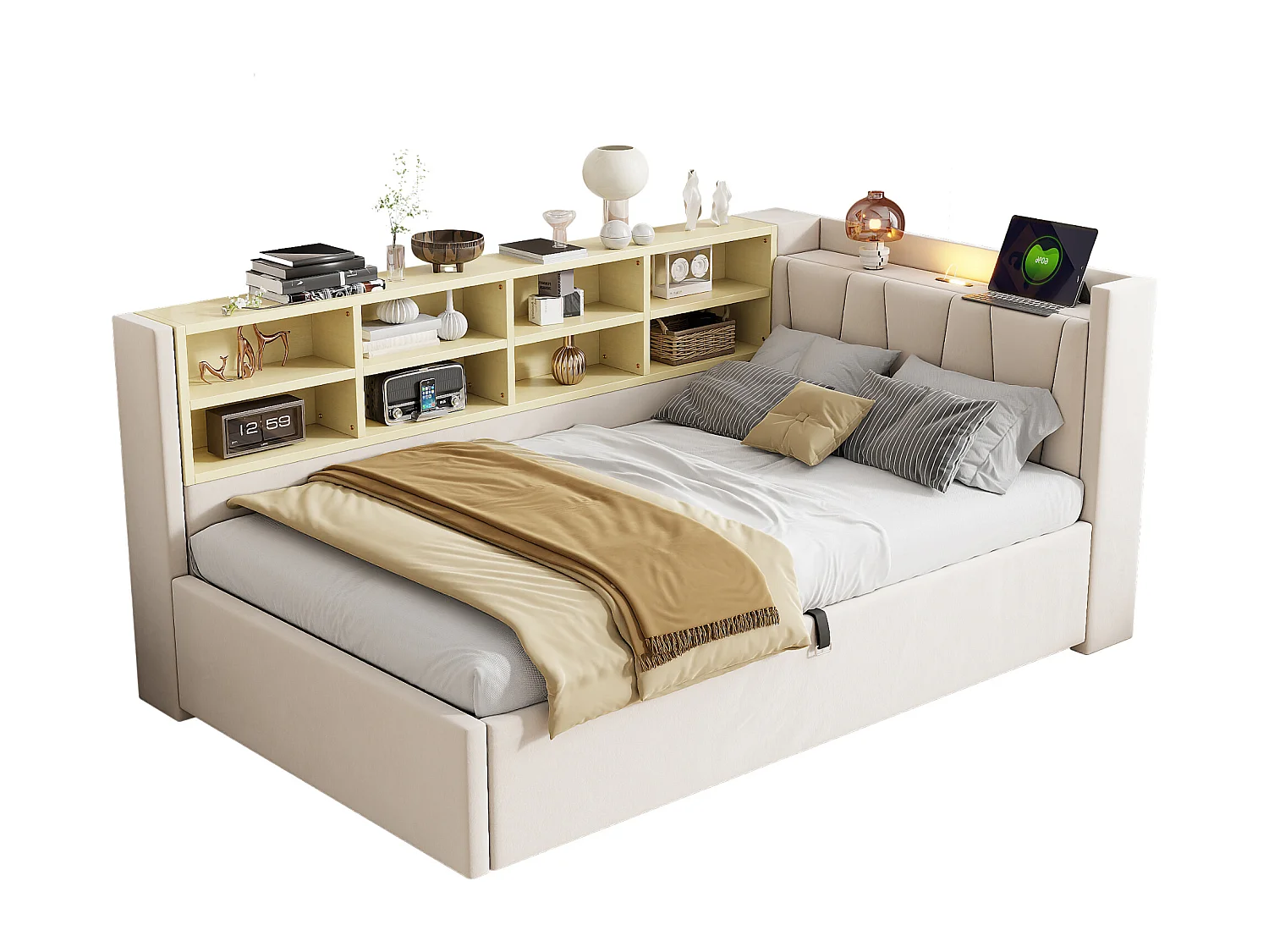 Lit multifonctionnel 90×200 cm, en velours beige, avec rangement hydraulique, éclairage nocturne et ports USB