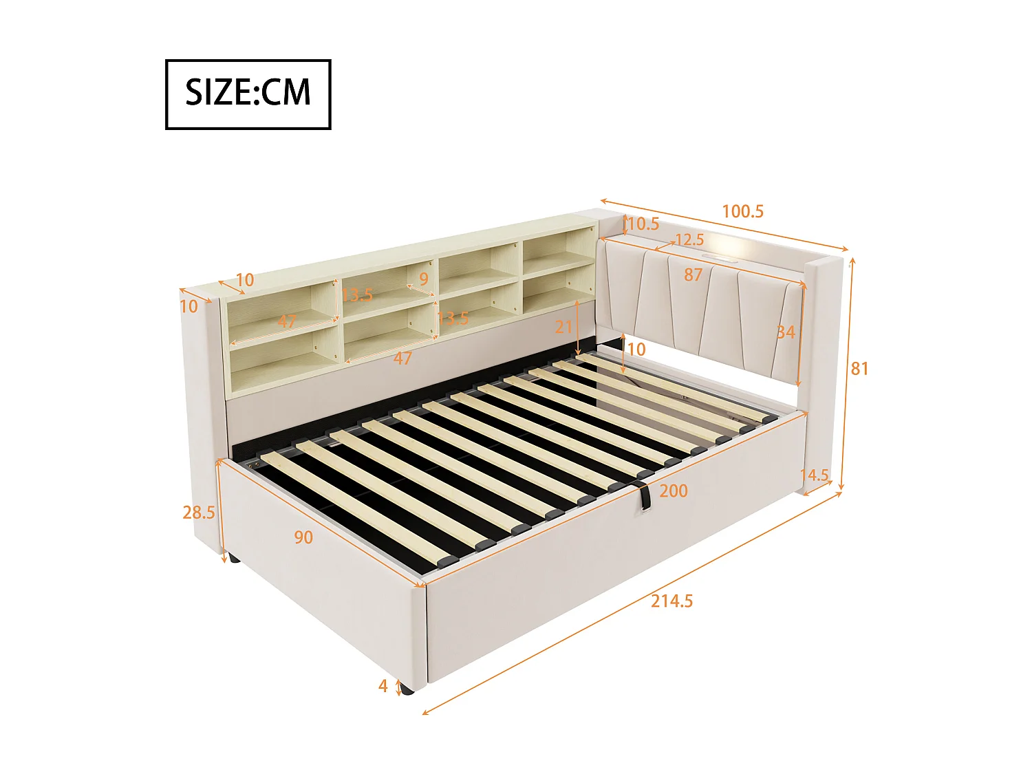 Lit multifonctionnel 90×200 cm, en velours beige, avec rangement hydraulique, éclairage nocturne et ports USB