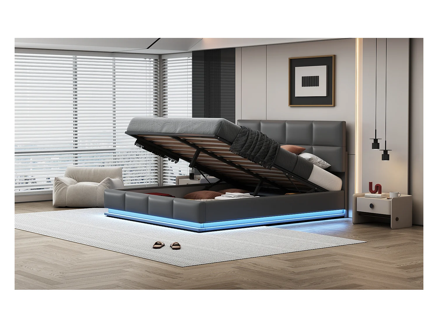 Lit rembourré 180x200 cm avec éclairage LED et espace de rangement hydraulique, cadre en simili cuir gris