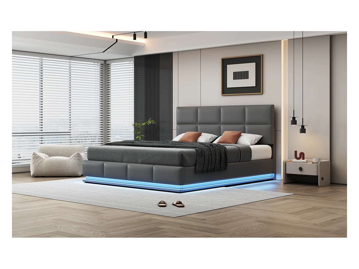 Lit rembourré 180x200 cm avec éclairage LED et espace de rangement hydraulique, cadre en simili cuir gris